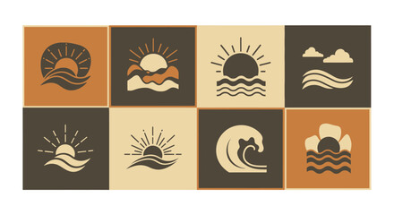 Collection of Minimalist Sun and Wave Logos for Ocean and Nature Themes. © Wita