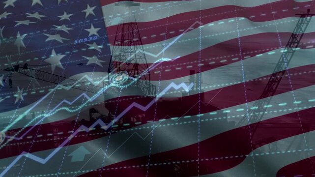 A waving American flag overlays a dynamic financial graph showing strong economic growth and energy sector prosperity with industrial structures