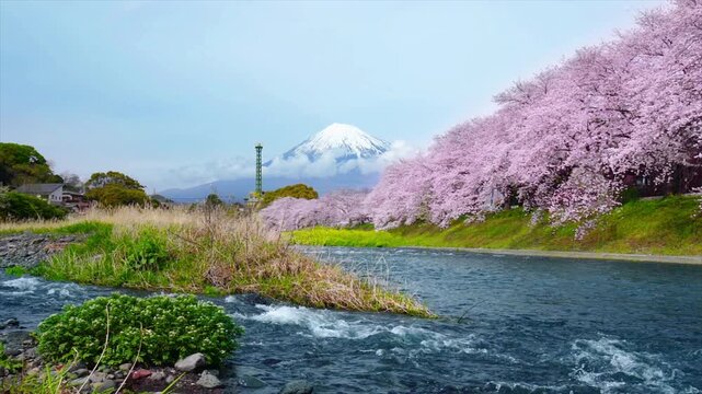 Fuji mountains and cherry blossoms in spring, Japan. Slowmotion.