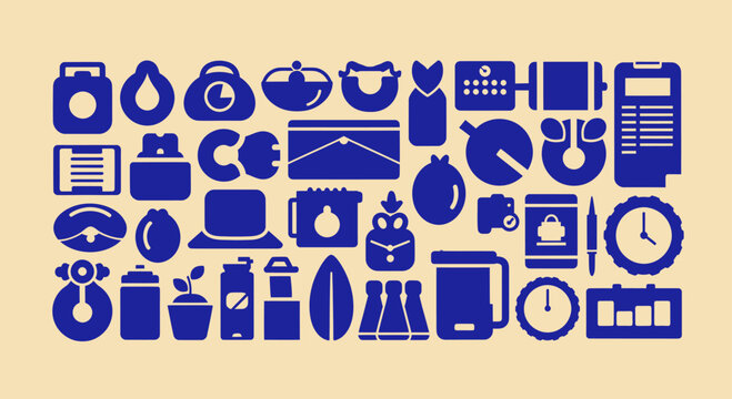 Collection of various blue silhouette icons representing everyday objects and activities.