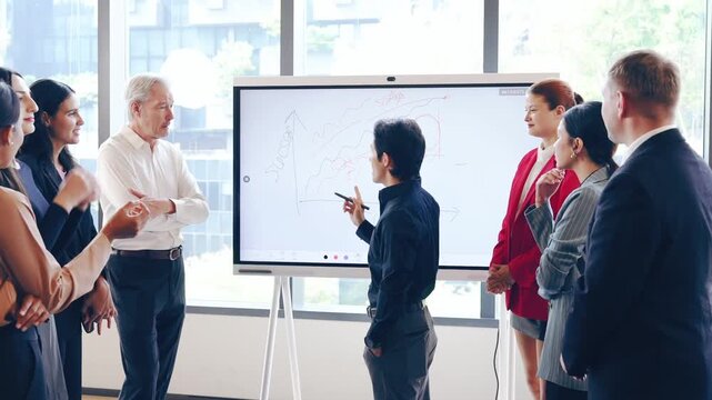Business meeting presentation office teamwork discussion whiteboard professional colleagues strategy corporate collaboration communication leadership brainstorming planning analysis diverse group