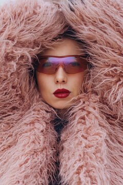 Portrait of woman in pink fur coat and sunglasses showing fashion style