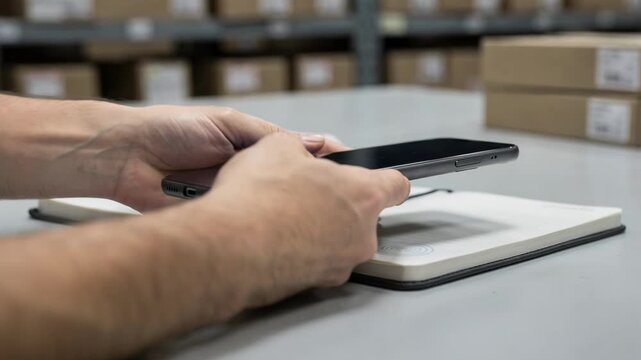 Closeup medium shot of a hand scanning a smart notebooks NFCenabled cover to update and manage inventory lists on a digital device highlighting efficiency in stock tracking.