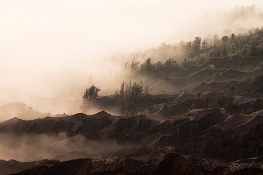 Foggy sunrise landscape in Java Indonesia with lush hills and mystical mood