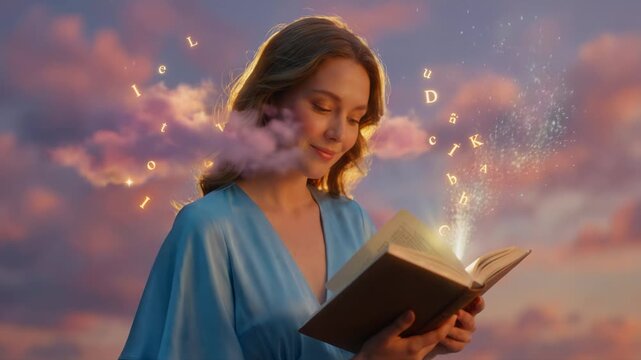 Young woman holding an open book with glowing magical letters floating into the air. Female reader daydreaming against a pink sunset sky. Surreal fantasy and imagination concept