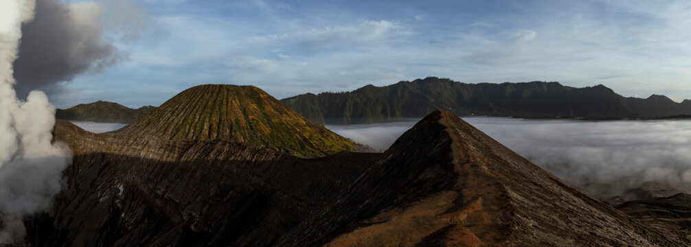 Panoramic view of Mount Bromo volcano at sunrise in Java Indonesia