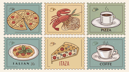 Italian restaurant menu illustrations vector stamps of food and drink pizza coffee seafood pasta italian cuisine restaurant icons menu