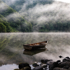Fototapeta premium Boat on calm lake and river with nature landscape