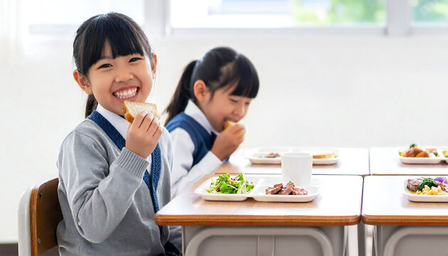 日本の小学校で健康的な給食を楽しむ児童