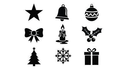 Black silhouette icons of Christmas and winter symbols on a white background