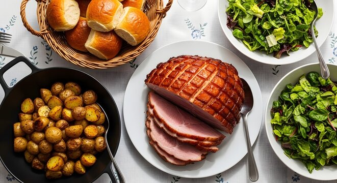Delicious easter dinner with ham vegetables and bread on a table