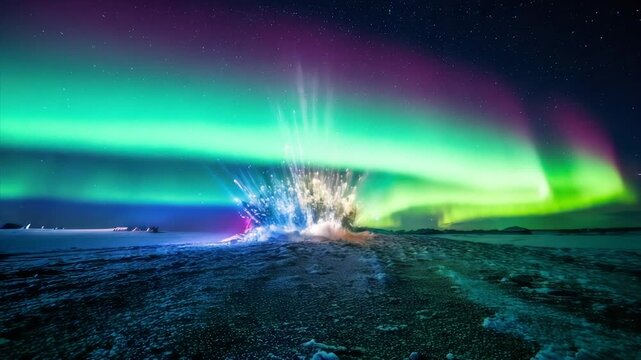 Aurora Borealis and exploding ground. Green, purple, blue lights illuminate a cold land