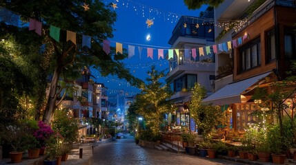 Fototapeta premium Ramadan street decorations transform neighborhood with illuminated crescents and stars, colorful fabric banners span between buildings, families stroll beneath festive lights during evening hours,