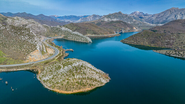 Aerial view of Embalse de Luna lake and mountains in Asturias Spain