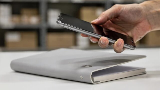 Closeup medium shot of a hand scanning a smart notebooks NFCenabled cover to update and manage inventory lists on a digital device highlighting efficiency in stock tracking.