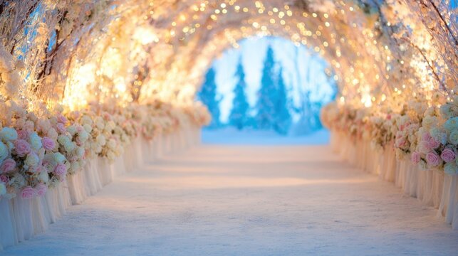 Winter wedding ceremony setup with flowers and lights in snowy landscape