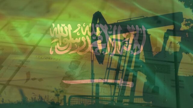 A composite image shows the Saudi Arabian flag with oil pumpjacks, highlighting the nation's vast oil wealth and economic influence
