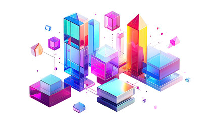 Fototapeta premium Geometric city with transparent, glowing cubes and prismatic structures on black
