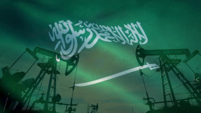 Oil pumps and rig with Saudi Arabia Waving Flag.