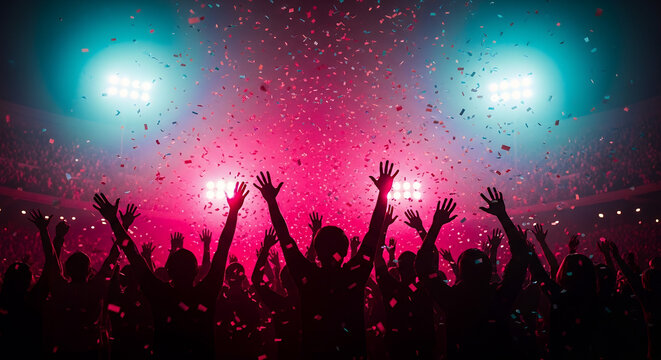 Stadium Crowd Silhouette, A jubilant crowd in silhouette during a grand finale celebration, colorful confetti falling through the air with sharp paper textures