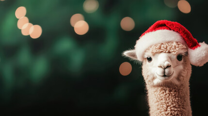 Fototapeta premium Cute alpaca wearing a Santa hat during festive holiday season