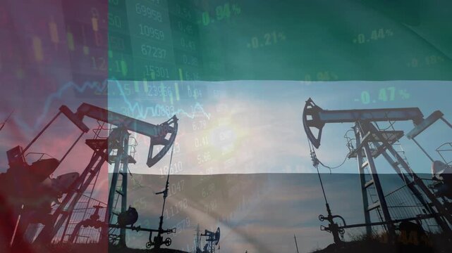 Oil pumps and rig with United Arab Emirates Waving Flag and Growing financial charts and diagrams showing increasing profits.