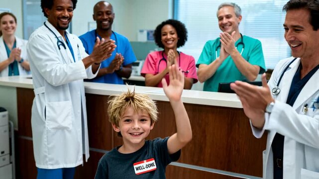 Smiling child raising hand at clinic desk, doctors in scrubs high-fiving, marking WELL-DONE patch