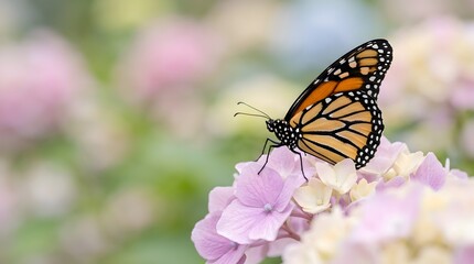 Fototapeta premium Close-up of a vibrant monarch butterfly with orange and black wings resting gently on a delicate purple hydrangea in a sunlit garden