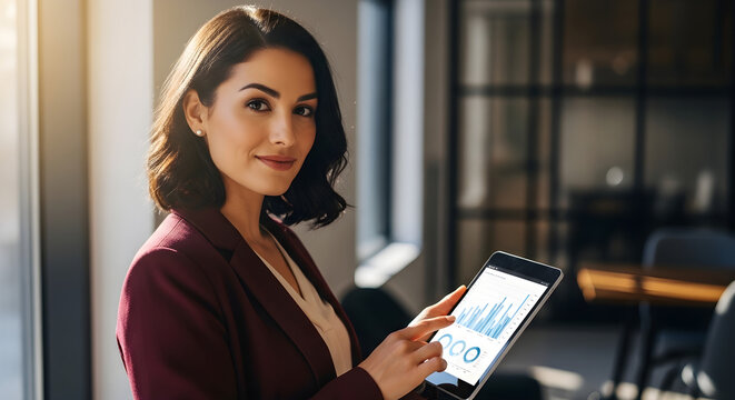 Professional young businesswoman analyzing data on digital tablet in a modern office