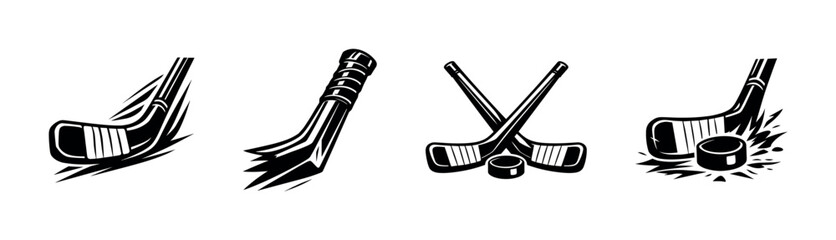 Obraz na płótnie Canvas Set of four vector black and white hockey stick and puck illustrations