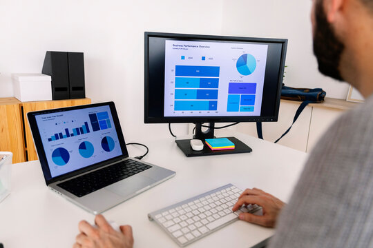 Businessman examining charts and graphs on desktop PC and laptop