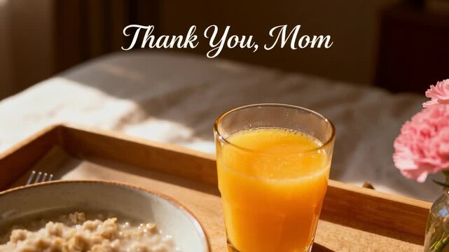 Panning camera revealing wooden breakfast tray on bed, focusing juice and flowers to thank mom