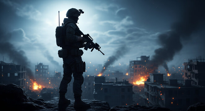 war, a lone soldier silhouette in full tactical gear holding an assault rifle, overlooking a smoldering urban battlefield at night, cold moonlight clashing with warm glows from distant fires