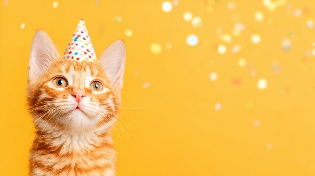 Cute orange cat wearing a party hat stands against a yellow background