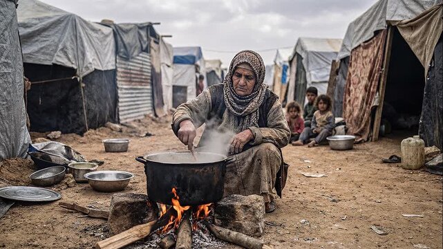Woman cooking over an open fire between makeshift tents, illustrating poverty, displacement, and harsh living conditions in an underserved community.