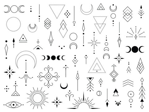Minimalist sacred geometry set and collection moons stars arrows and abstract shapes tattoo design spiritual art branding posters