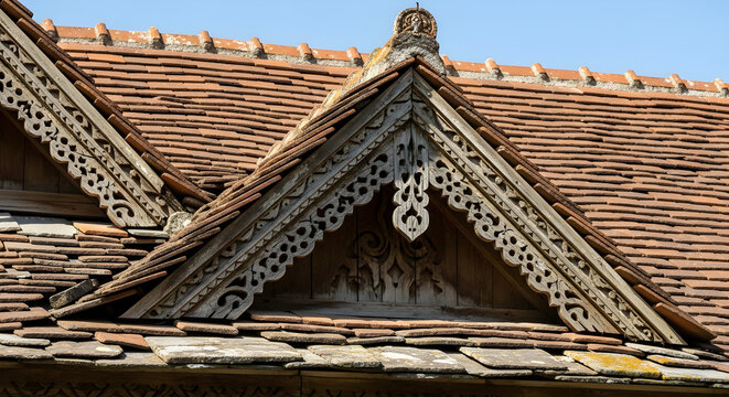 Traditional Terracotta Tile Roof with Ornate Carved Wooden Gable Decoration