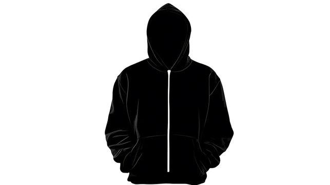 A black hoodie with a front zipper is depicted with a simplistic design