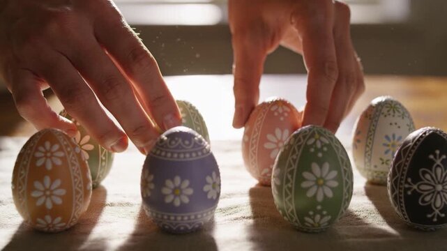 Hands reaching in arranging painted eggs on table near window, creating tidy holiday decor