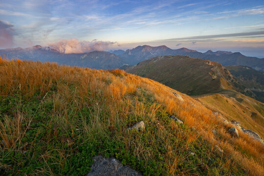 View of golden grasses sway atop rolling hills under a pastel sky, casting shadows on the rugged terrain, Velka Kopa, Presov Region, Slovakia.