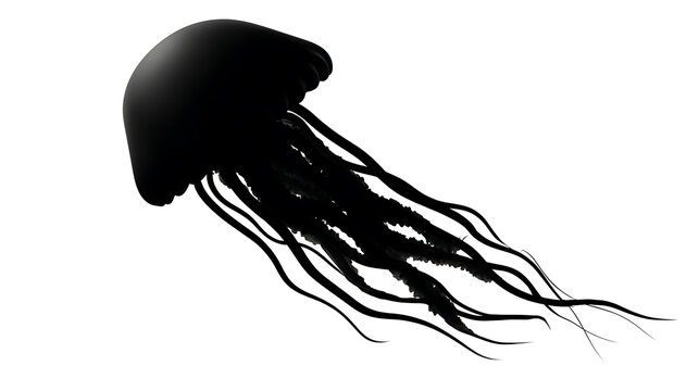 Silhouette of a sleek, black jellyfish, drifting gracefully in the water
