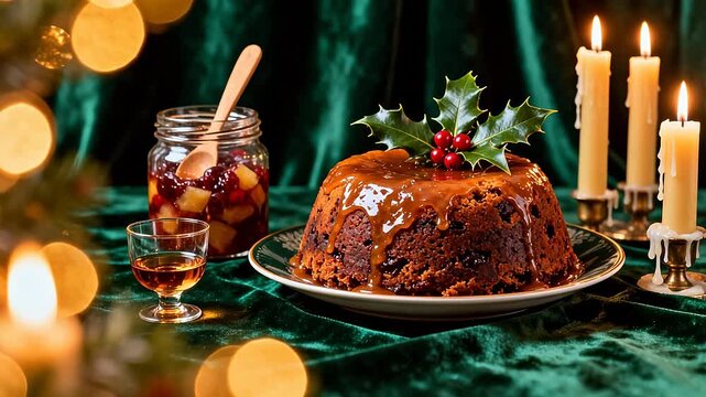 Christmas pudding with candles and jam