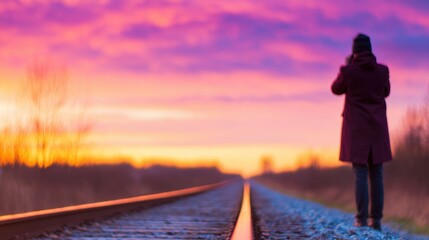 Fototapeta premium Person stands on railroad tracks at sunset while taking pictures in nature