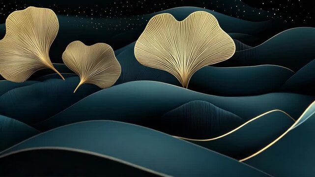 Golden leaves move softly over waves while patterns shift in the dark. Shapes blend together in a night scene of nature's beauty