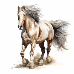 Obraz premium Majestic Pinto Horse Galloping with Flowing Mane and Tail on White Background, Isolated