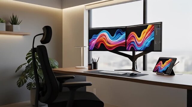 Home office setup with dual monitors, tablet, and a modern ergonomic chair near a window