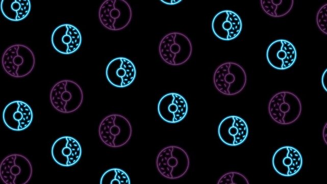 Donuts Neon Icon animation pattern background. Donuts Moving Background Pattern. Dynamic Animated Donuts Pattern.