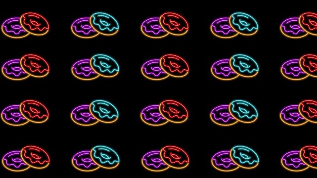 Donuts Neon Icon animation pattern background. Donuts Moving Background Pattern. Dynamic Animated Donuts Pattern