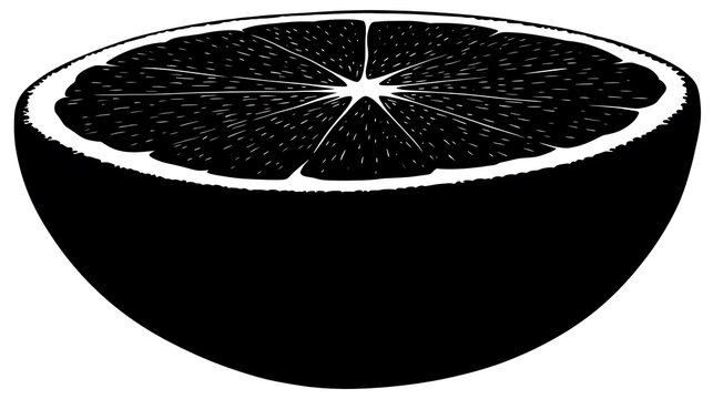 A monochrome image of a half-cut orange, with detailed segments. The bold contrast highlights the texture and form of the fruit