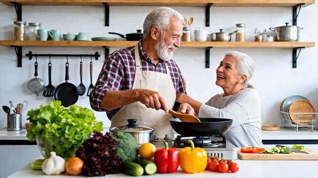 Happy senior couple cooking together in a bright, modern kitchen with fresh vegetables&mdash;celebrating love, healthy aging, and joyful home life.